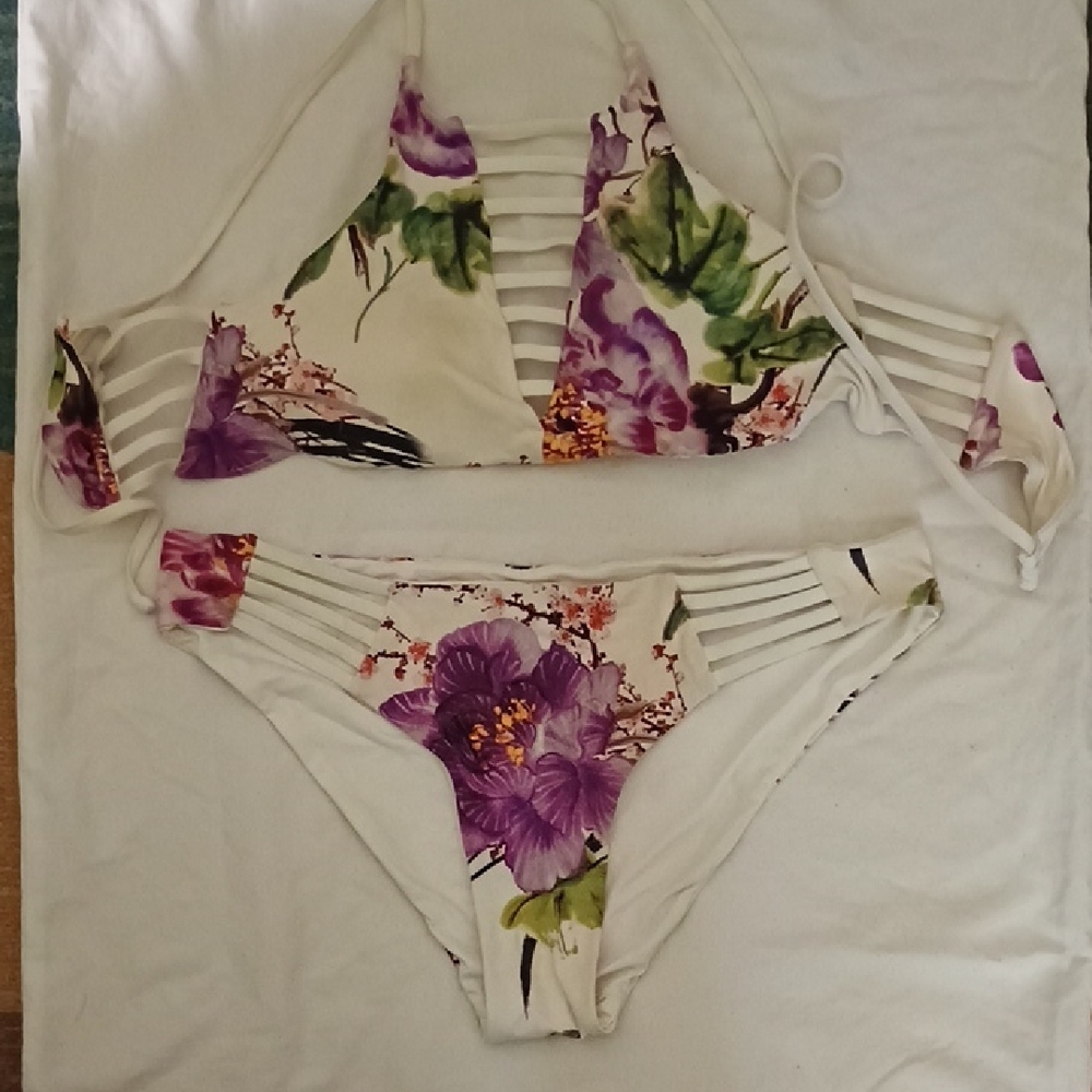 Floral Bikini Set with Purple and Green Accents